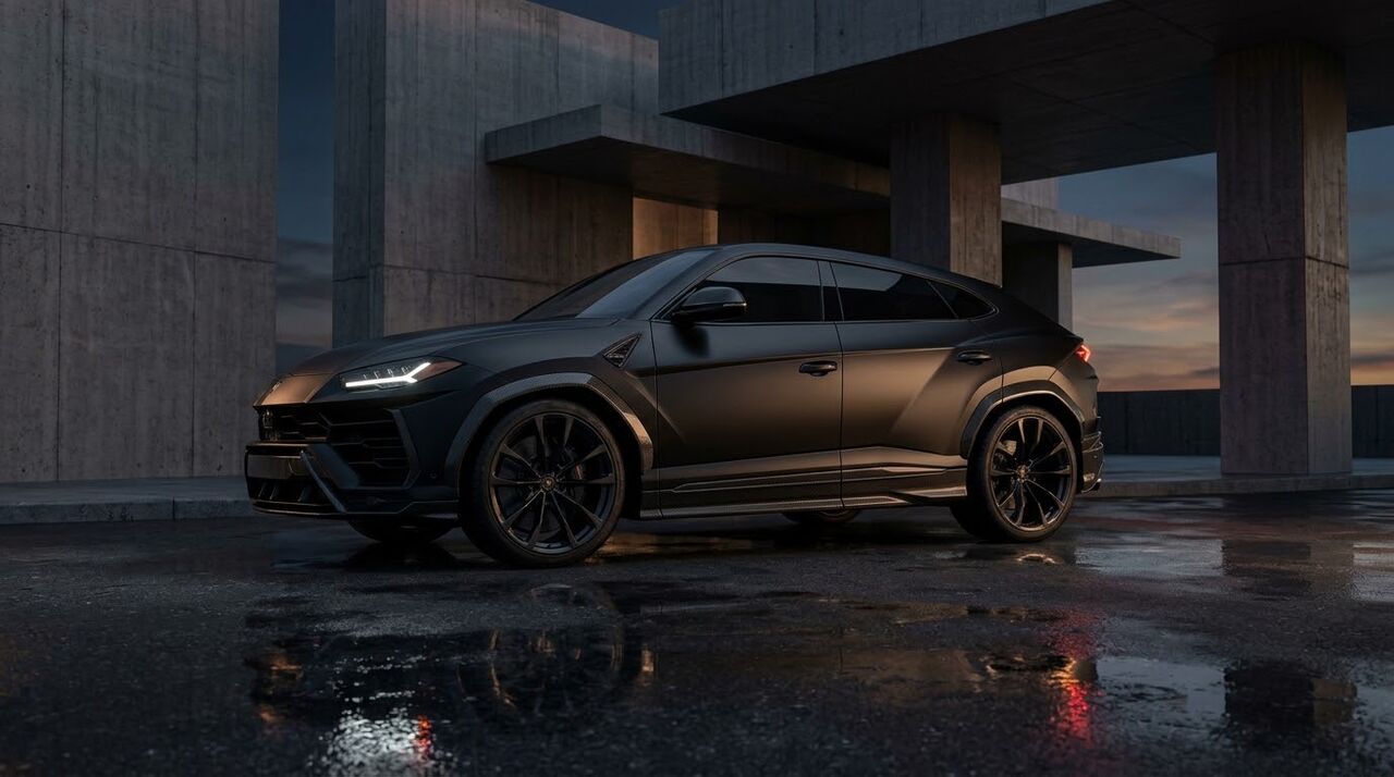 Lamborghini Urus preto ao entardecer, ao lado de um muro de concreto