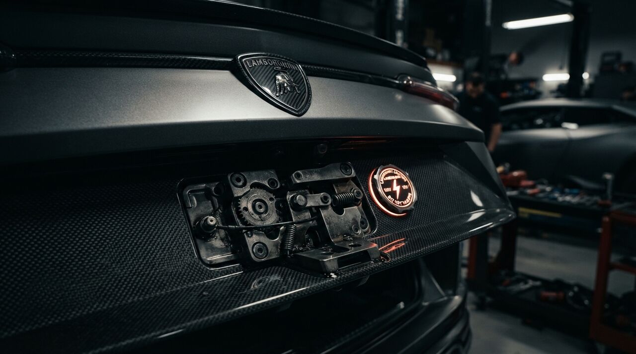 Fechadura da tampa traseira de um Lamborghini Urus escuro numa oficina